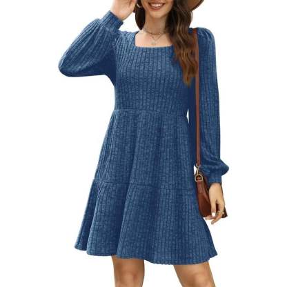 🍂Last Day Promotion 49% OFF🔥Womens Square Neck Long Sleeve Fall Dresses Casual Babydoll Sweater Dress-tidenox