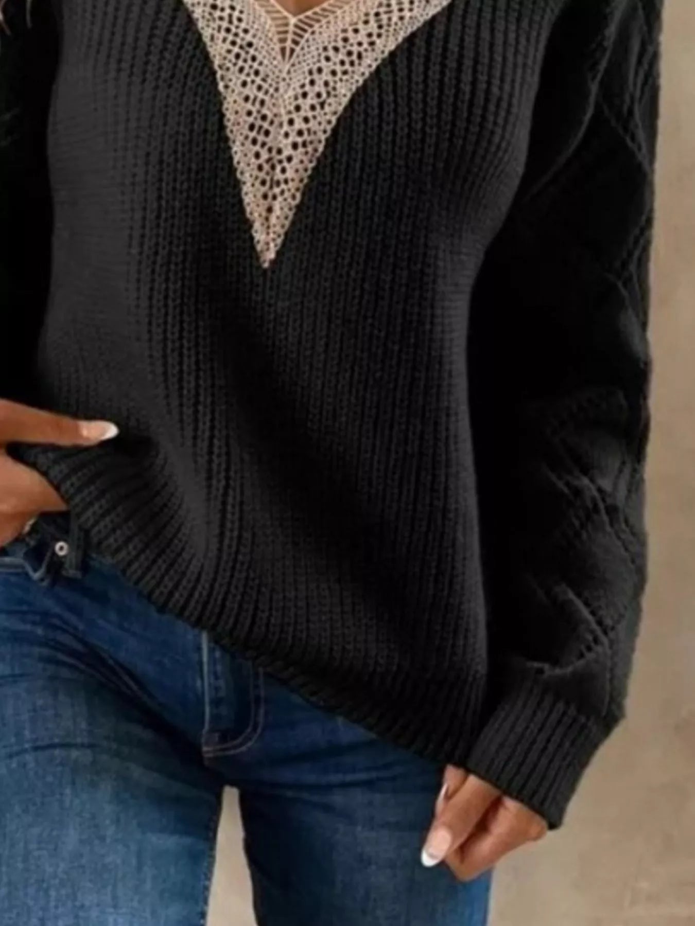 Openwork V-Neck Long Sleeve Sweater-tidenox