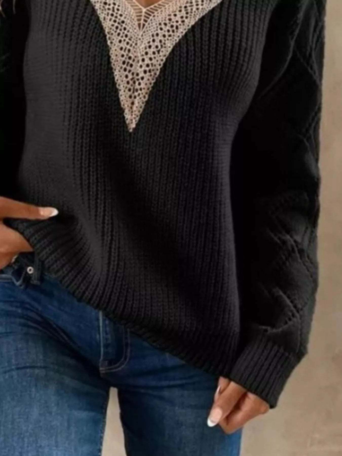 Openwork V-Neck Long Sleeve Sweater-tidenox