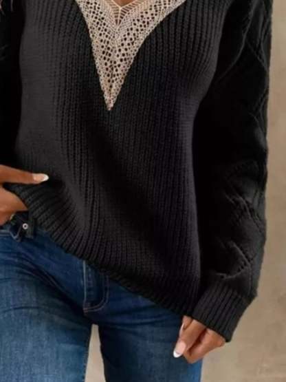 Openwork V-Neck Long Sleeve Sweater-tidenox