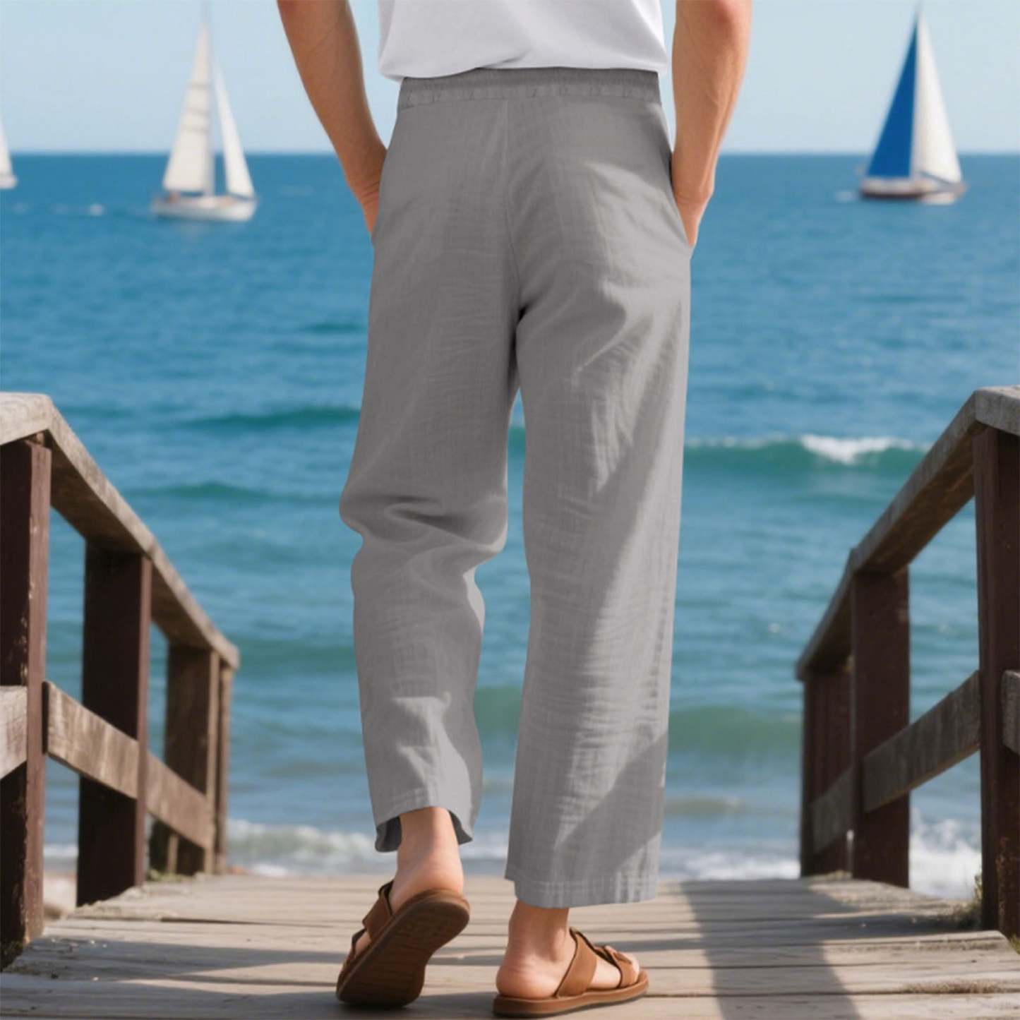 Men's linen trousers summer beach pants solid color comfortable breathable holiday leisure Hawaiian Bohemian style