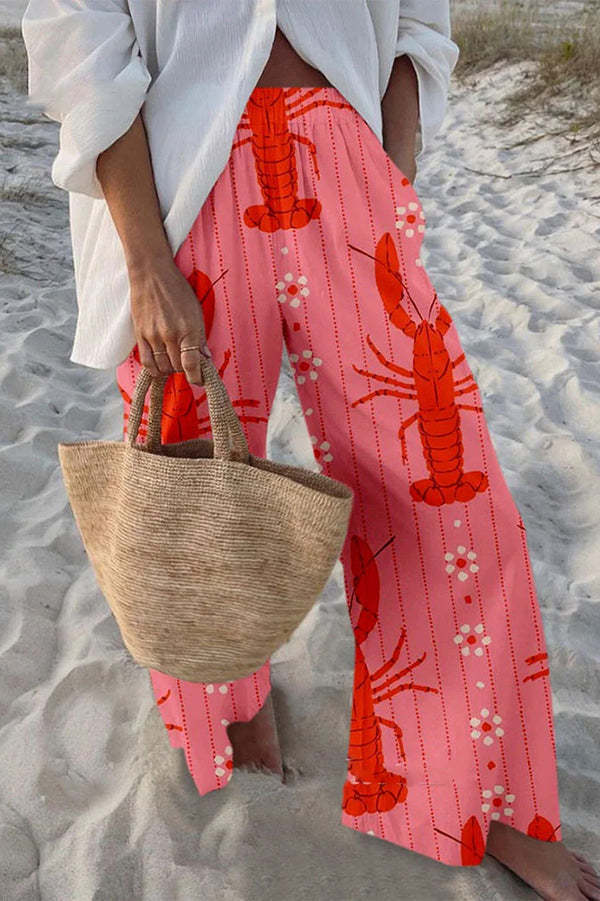 Unique Marine Print Elastic Waist Loose Pocket Pants-tidenox