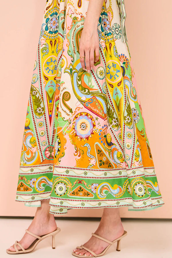 Summer Serenade Linen Blend Unique Print Tie-up Strap Smocked Pocketed Maxi Dress-tidenox