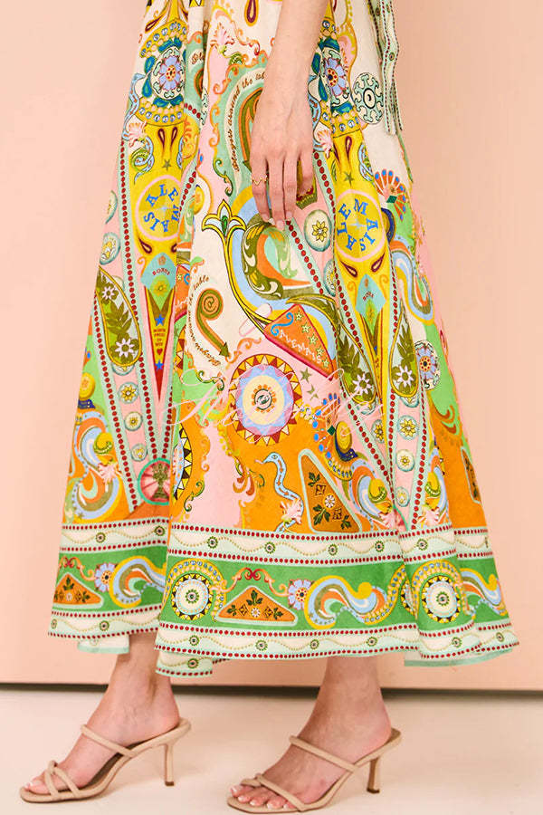 Summer Serenade Linen Blend Unique Print Tie-up Strap Smocked Pocketed Maxi Dress-tidenox