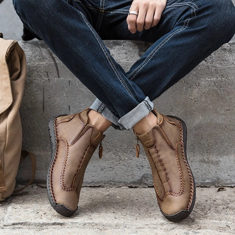 Zipper Plush Ankle Leather Orthopedic Shoes For Men Nonslip Boots-tidenox
