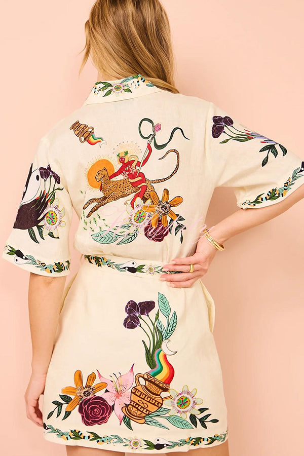 Iconic Shailene Satin Unique Floral Print Pocket Tie-waist Mini Dress-tidenox