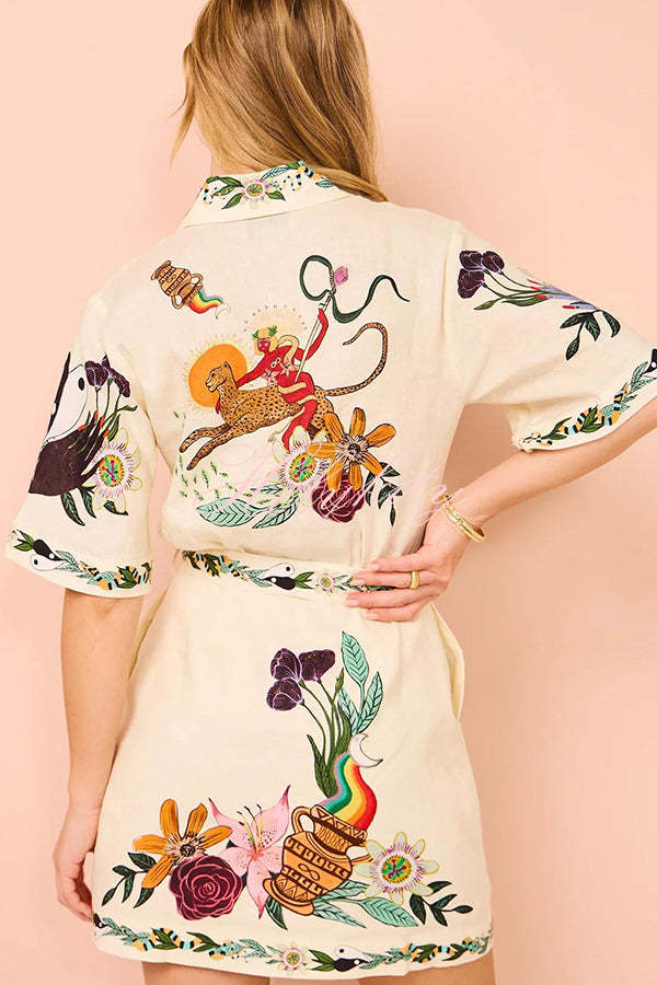 Iconic Shailene Satin Unique Floral Print Pocket Tie-waist Mini Dress-tidenox