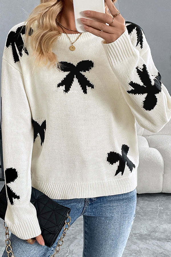 Christmas Contrast Bow Round Neck Long Sleeve Loose Knitted Sweater-tidenox