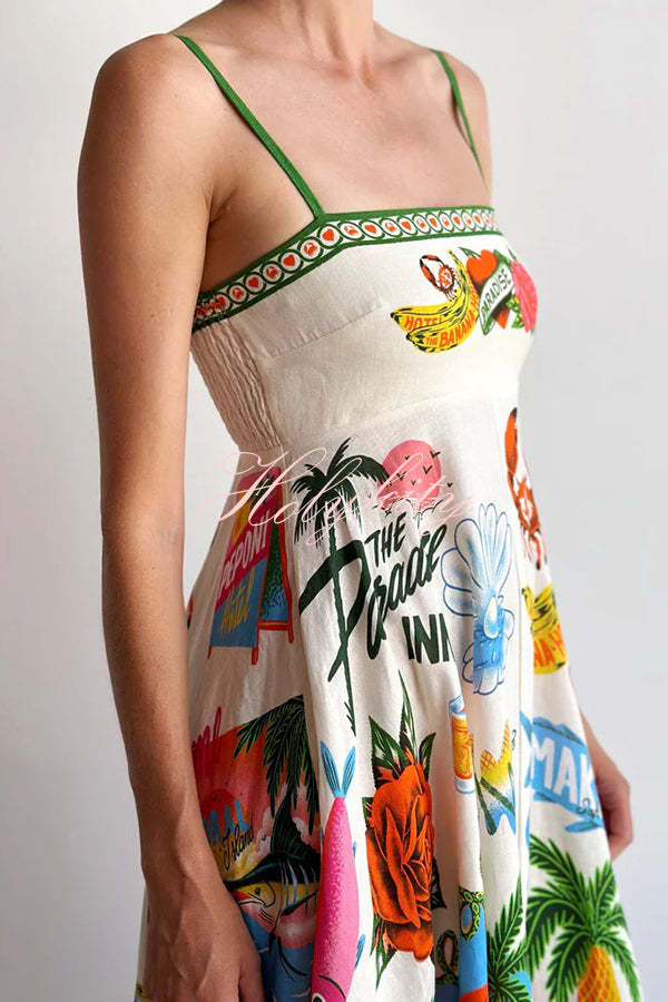 Holiday Paradise Linen Blend Unique Print Smocked Back Pocket Maxi Dress-tidenox