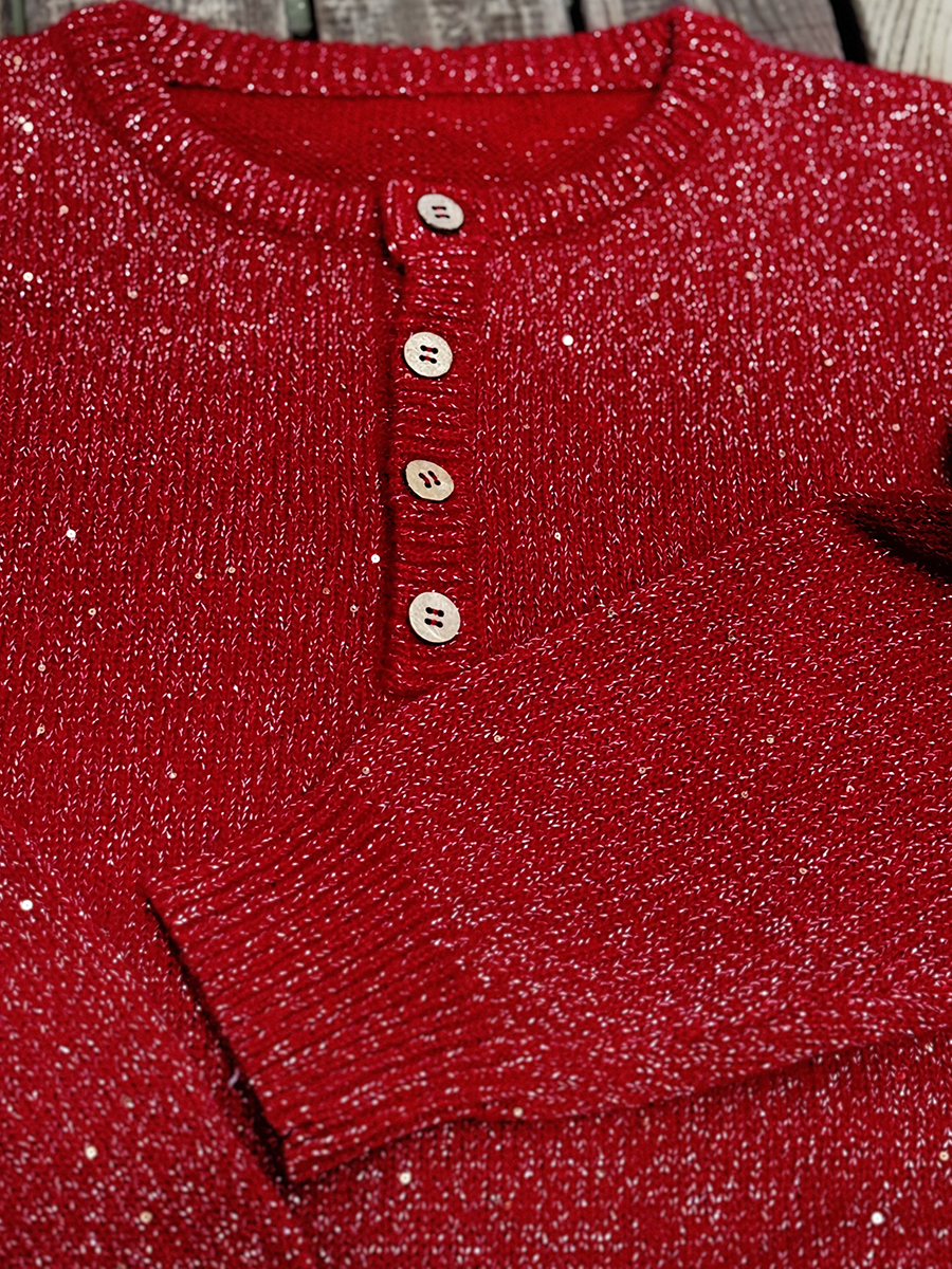 Women's Shiny Henley Neck Solid Color Sweater Top-tidenox