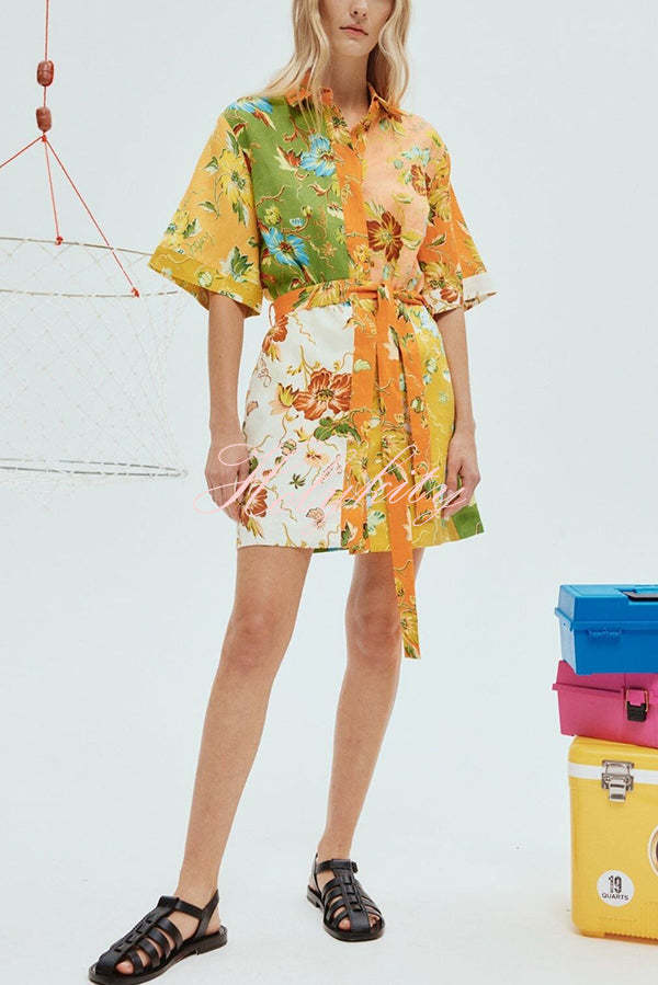 Kienna Linen Blend Unique Floral Print Tie-waist Mini Dress-tidenox