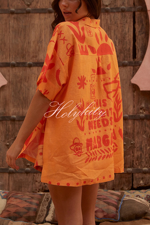 Summer Calls Unique Printed Loose Shirt and Elastic Waist Shorts Set-tidenox