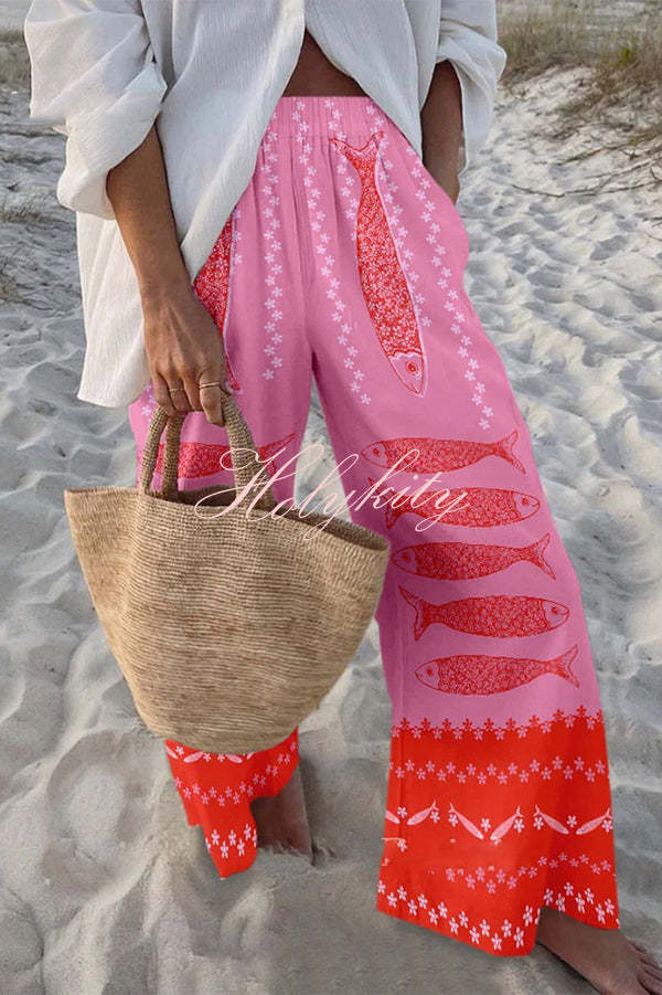 Unique Marine Print Elastic Waist Loose Pocket Pants-tidenox