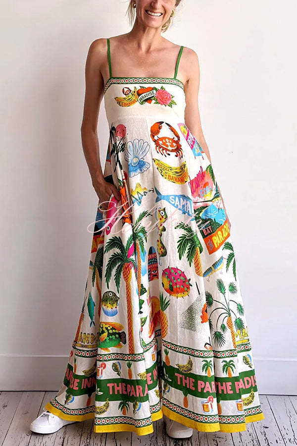 Holiday Paradise Linen Blend Unique Print Smocked Back Pocket Maxi Dress-tidenox