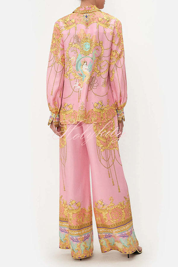 Mermaid Motel Unique Print Long Sleeve Loose Shirt and Elastic Waist Pants Set-tidenox