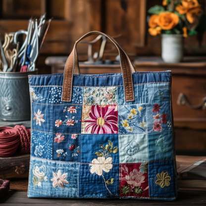 Rustic Floral Patchwork Quilted Tote Bag NCU0PT7911-tidenox