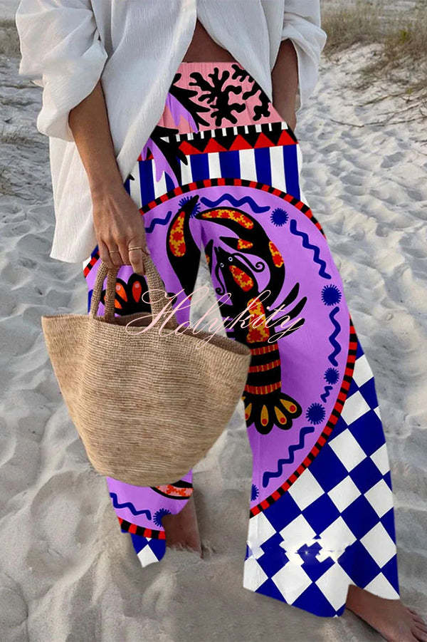 Unique Marine Print Elastic Waist Loose Pocket Pants-tidenox