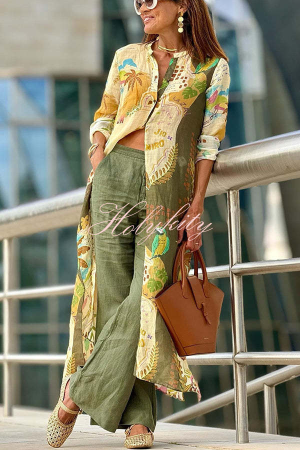 Cayla Linen Blend Unique Print Button Long Sleeve Shirt Midi Dress-tidenox