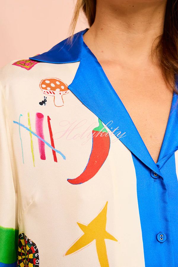 Vibrant Beach Satin Unique Print Colorblock Trim Button Down Oversized Blouse-tidenox