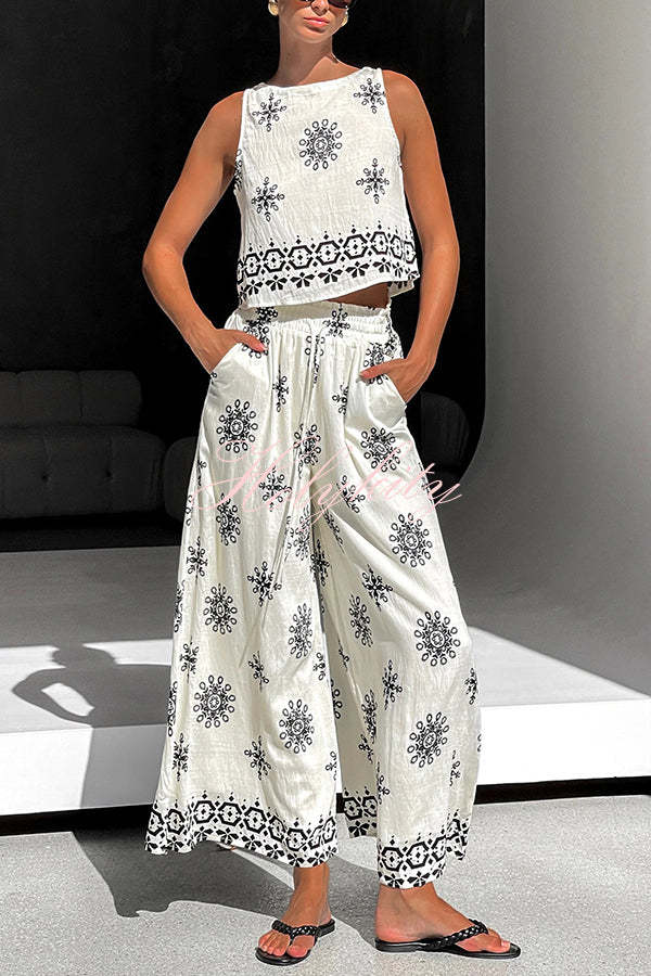 Unique Printed Round Neck Sleeveless Button Top and Elastic Waist Pocket Wide Leg Pants Set-tidenox
