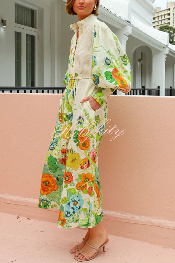 Summer Party Floral Print Balloon Sleeve Pocketed Belt Shirt Midi Dress-tidenox