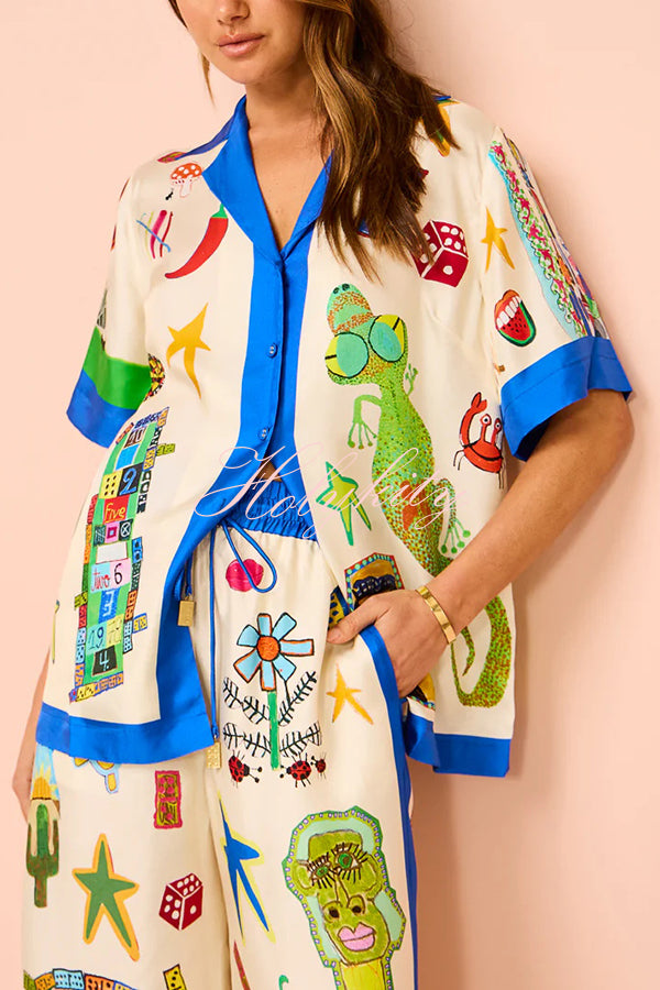 Vibrant Beach Satin Unique Print Colorblock Trim Button Down Oversized Blouse-tidenox