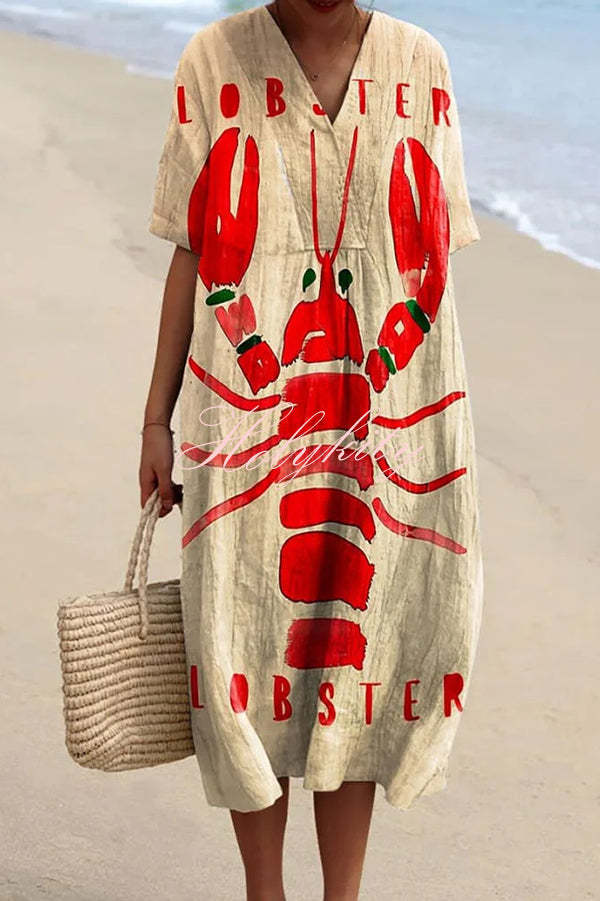 Unique Marine Print V-neck Short-sleeved Midi Dress-tidenox