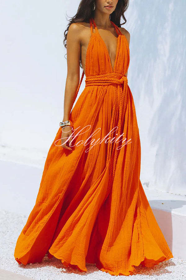 Summer Whispers Linen Blend Draped Braids Deep V-neck Halter Backless Cover Up Maxi Dress-tidenox