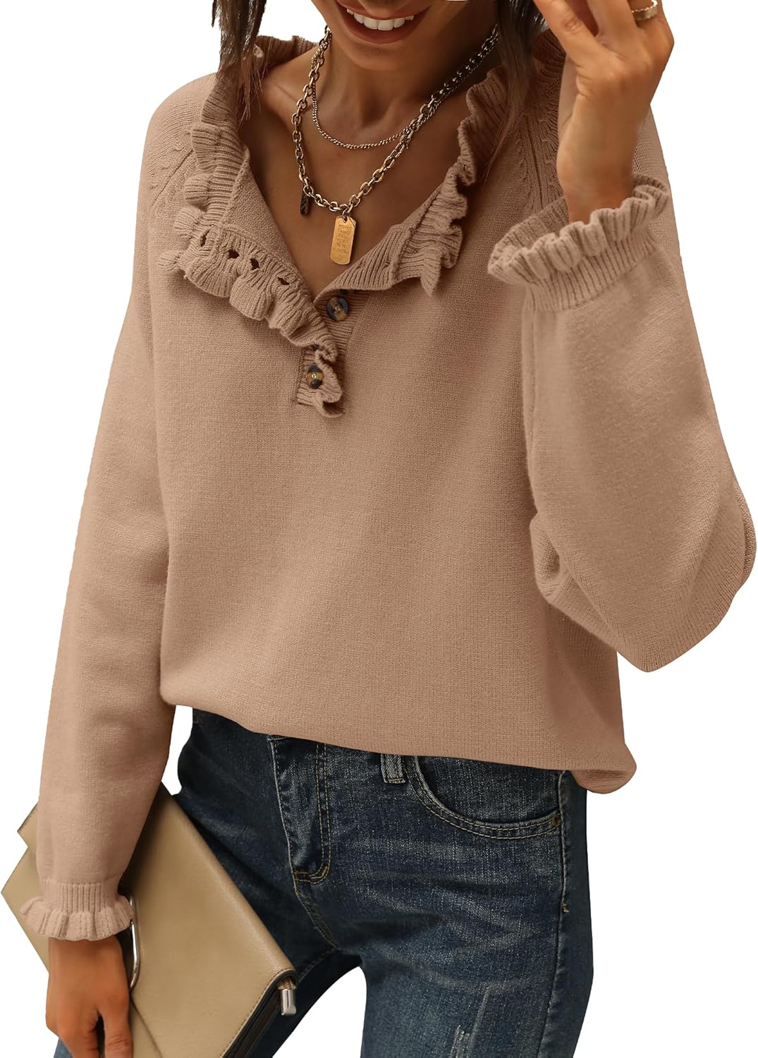 CLEARANCE SALE🔥Ruffle Trim Casual Knit Pullover Tops﻿(Buy 2 Free Shipping)-tidenox