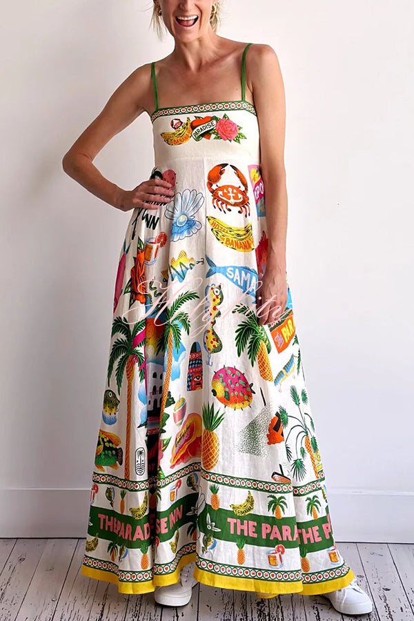 Holiday Paradise Linen Blend Unique Print Smocked Back Pocket Maxi Dress-tidenox