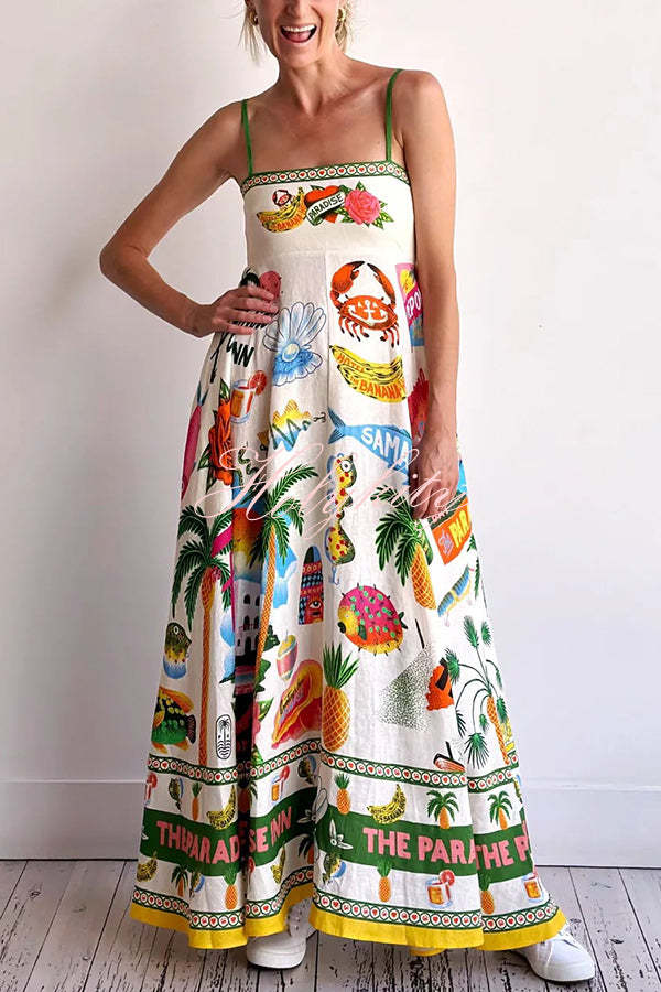 Holiday Paradise Linen Blend Unique Print Smocked Back Pocket Maxi Dress-tidenox