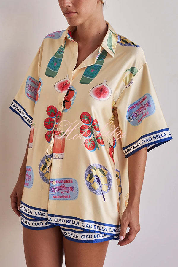 Kai Satin Unique Print Short Sleeve Shirt and Elastic Waist Drawstring Pocket Shorts Set-tidenox