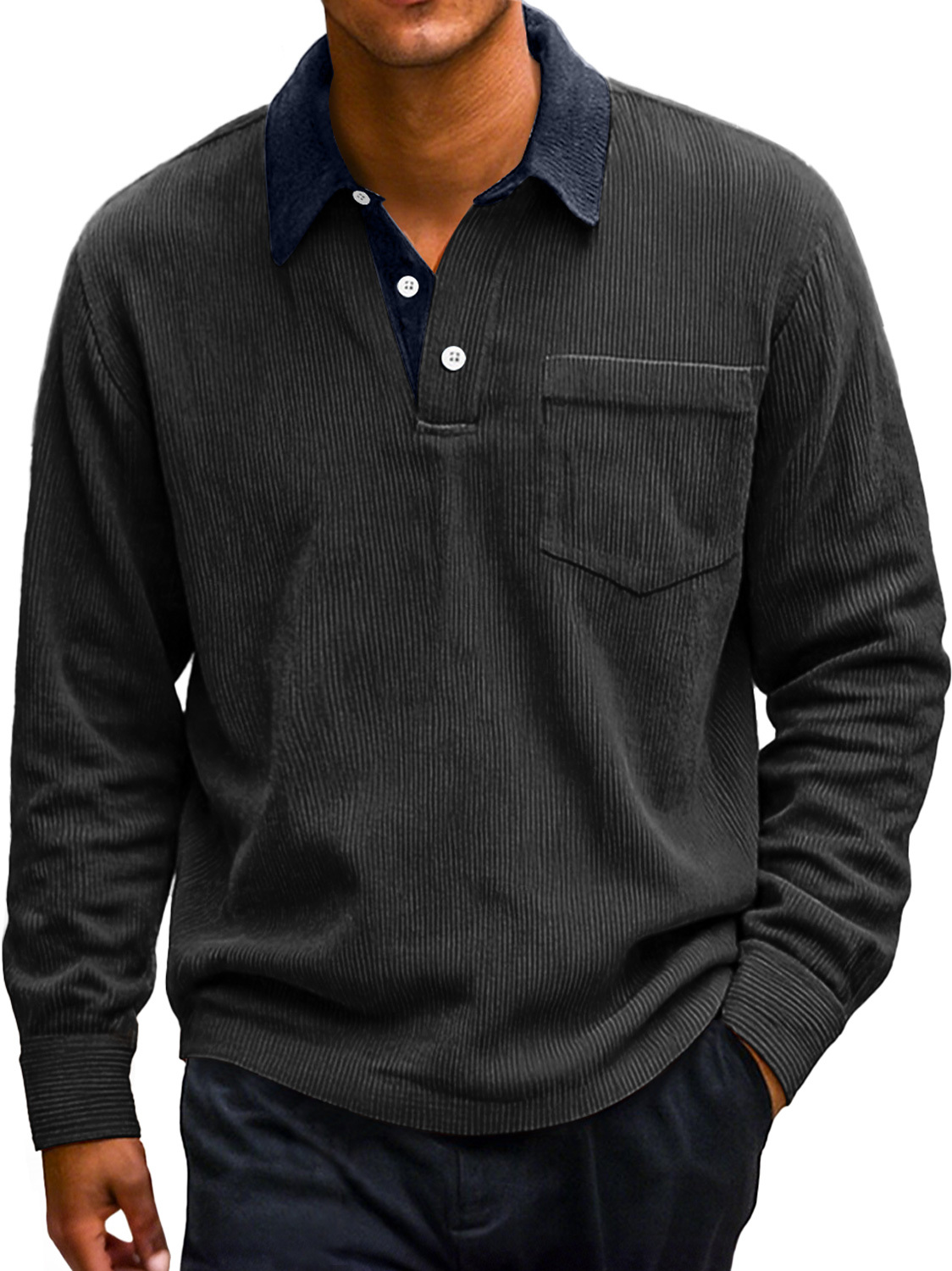 Men's Retro Corduroy Lapel Colorblock Casual Long-sleeved Polo Shirt-tidenox