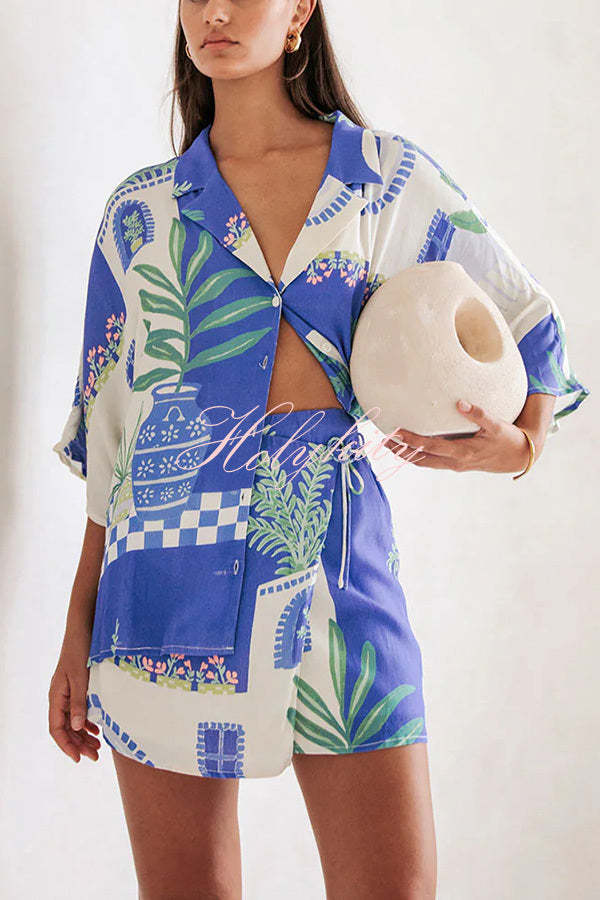 Balmy Summer Nights Unique Print Loose Shirt and Elastic Waist Wrap Lace-up Skirt Set-tidenox
