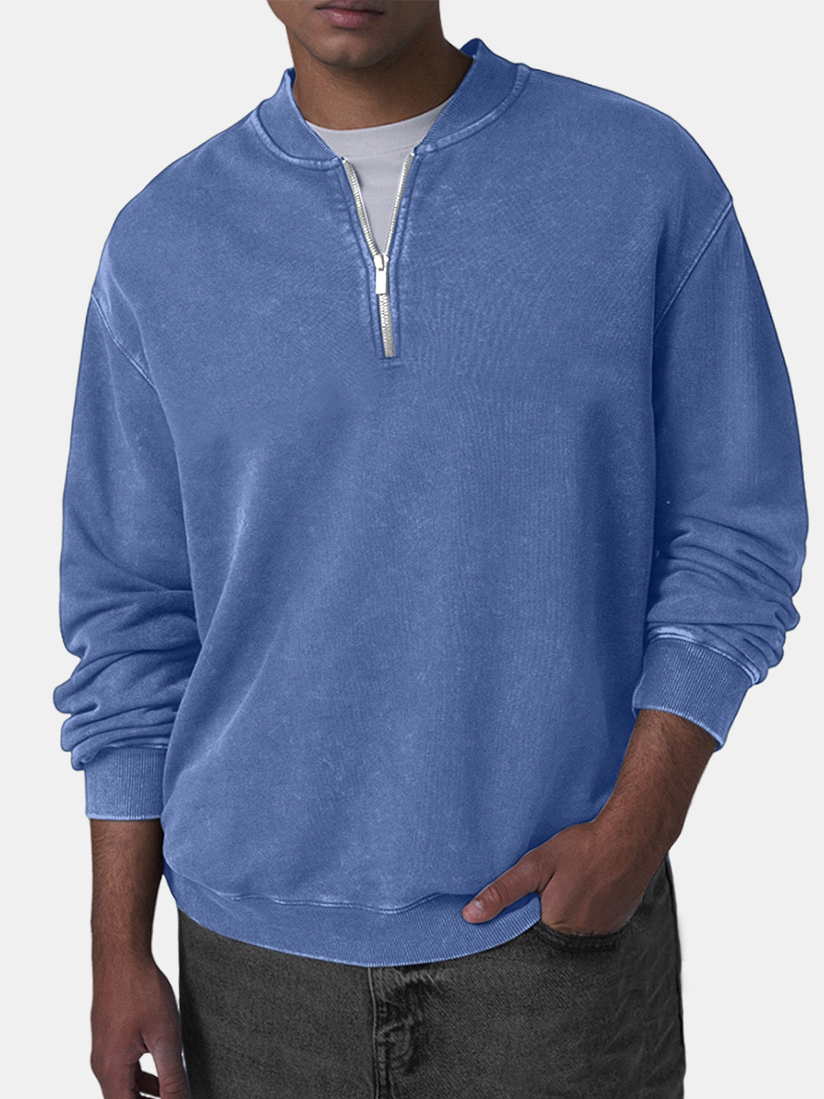 Men's Retro Casual Baseball Collar Zip Long Sleeve Top-tidenox