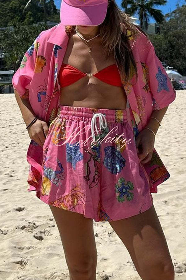 Linen Blend Colorful Shell Print Shirt Top and Elastic Waist Pocket Shorts Set-tidenox