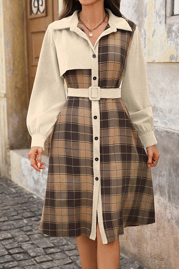 Retro Plaid Patchwork Casual Belt Workplace Style Midi Dress-tidenox