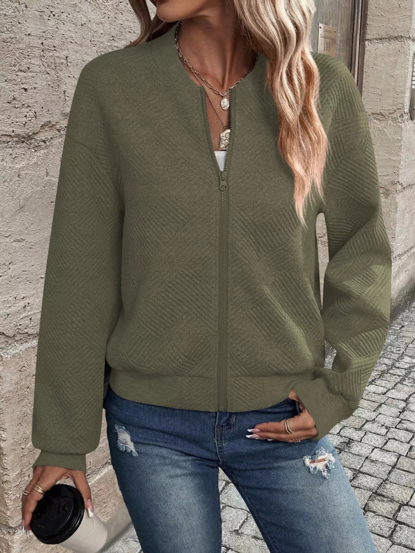 Full Size Zip Up Long Sleeve Textured Jacket Plus Size-tidenox