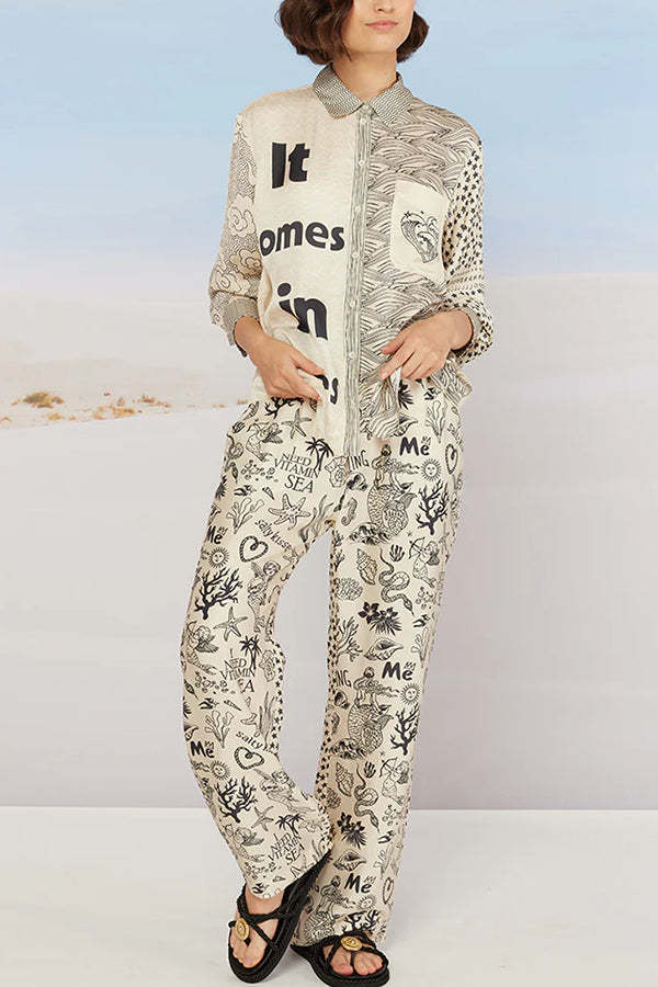 Take Me To The Ocean Satin Unique Print Long Sleeve Shirt and Elastic Waist Pocketed Pants Set-tidenox