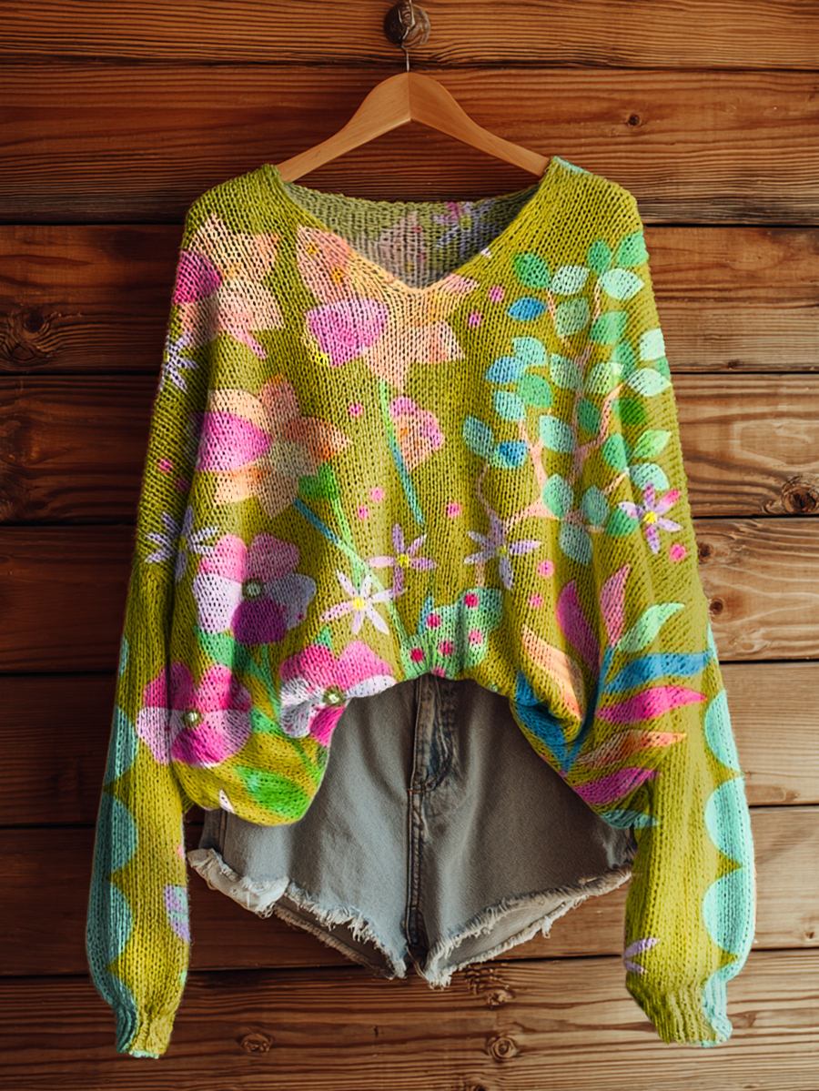 Women's Bohemian Floral Art Print Casual Pullover Sweater-tidenox
