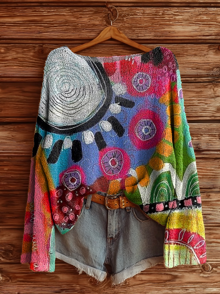 Women's Bohemian Floral Art Print Casual Pullover Sweater-tidenox