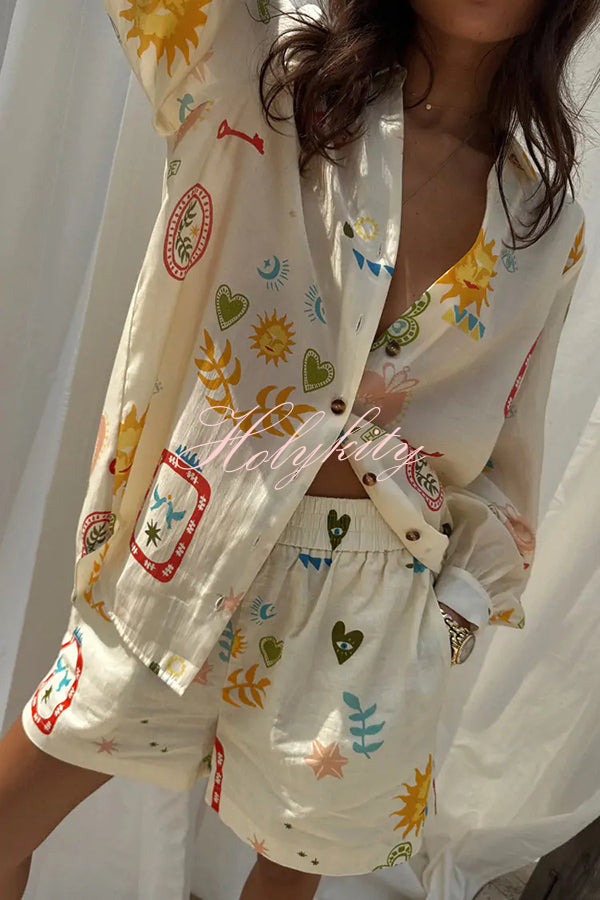 Funny Vacation Unique Printed Long Sleeve Shirt and Elastic Waist Pocket Loose Shorts Set-tidenox