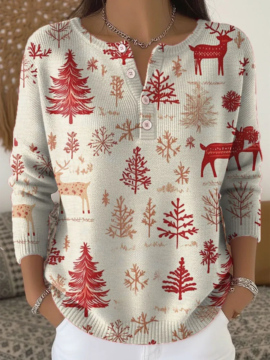 [Copy]Women's Christmas Tree Art Print Buttoned Cardigan Sweater