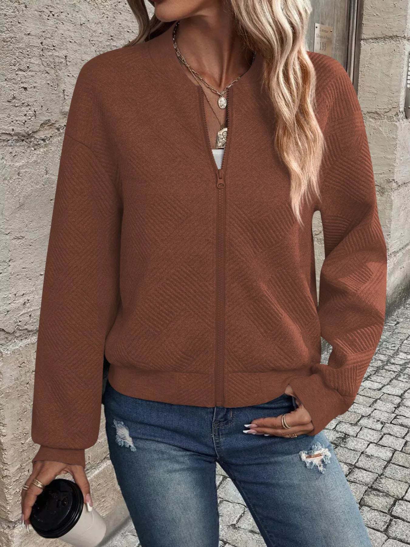 Full Size Zip Up Long Sleeve Textured Jacket Plus Size-tidenox