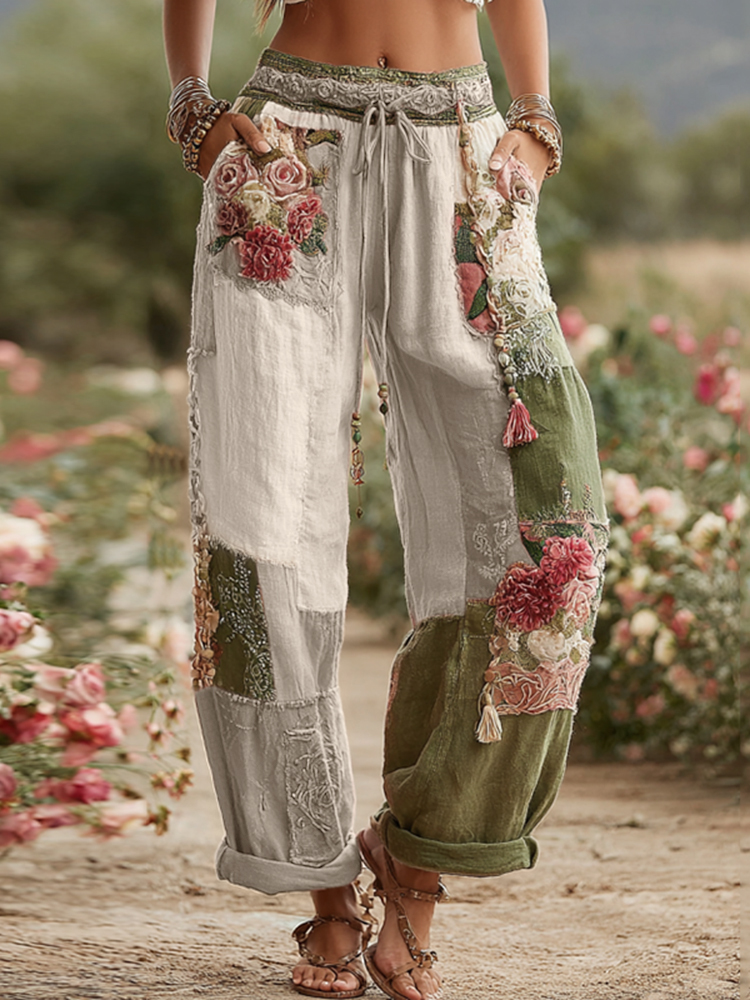 Love & Health Collection Retro Rose And Floral Patchwork Art Linen Pants-tidenox