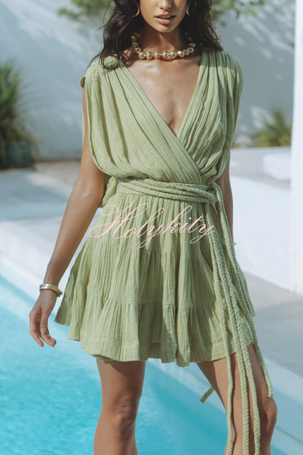 Glimpse of Happiness Linen Blend Draped Braids Belt Cover Up Mini Dress-tidenox