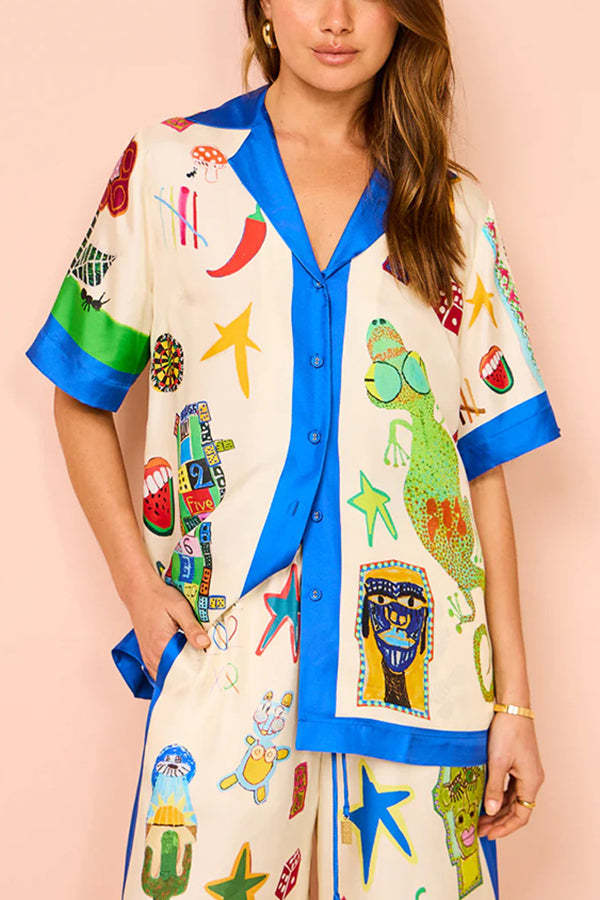 Vibrant Beach Satin Unique Print Colorblock Trim Button Down Oversized Blouse-tidenox