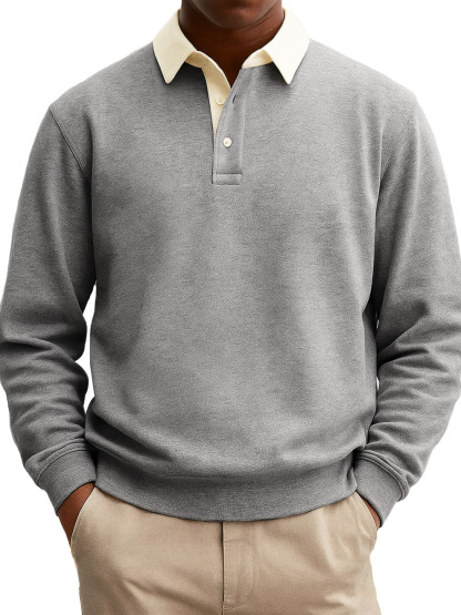 Men's Stylish Casual Everyday Cotton Long-sleeved Lapel Sweatshirt Polo Shirt With A Patchwork Collar-tidenox
