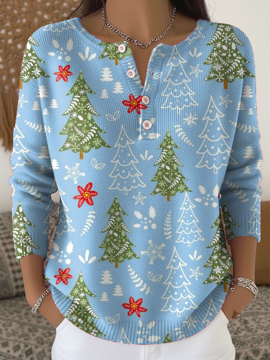 Women's Christmas Tree Pattern Art Print Buttoned Cardigan Sweater-tidenox