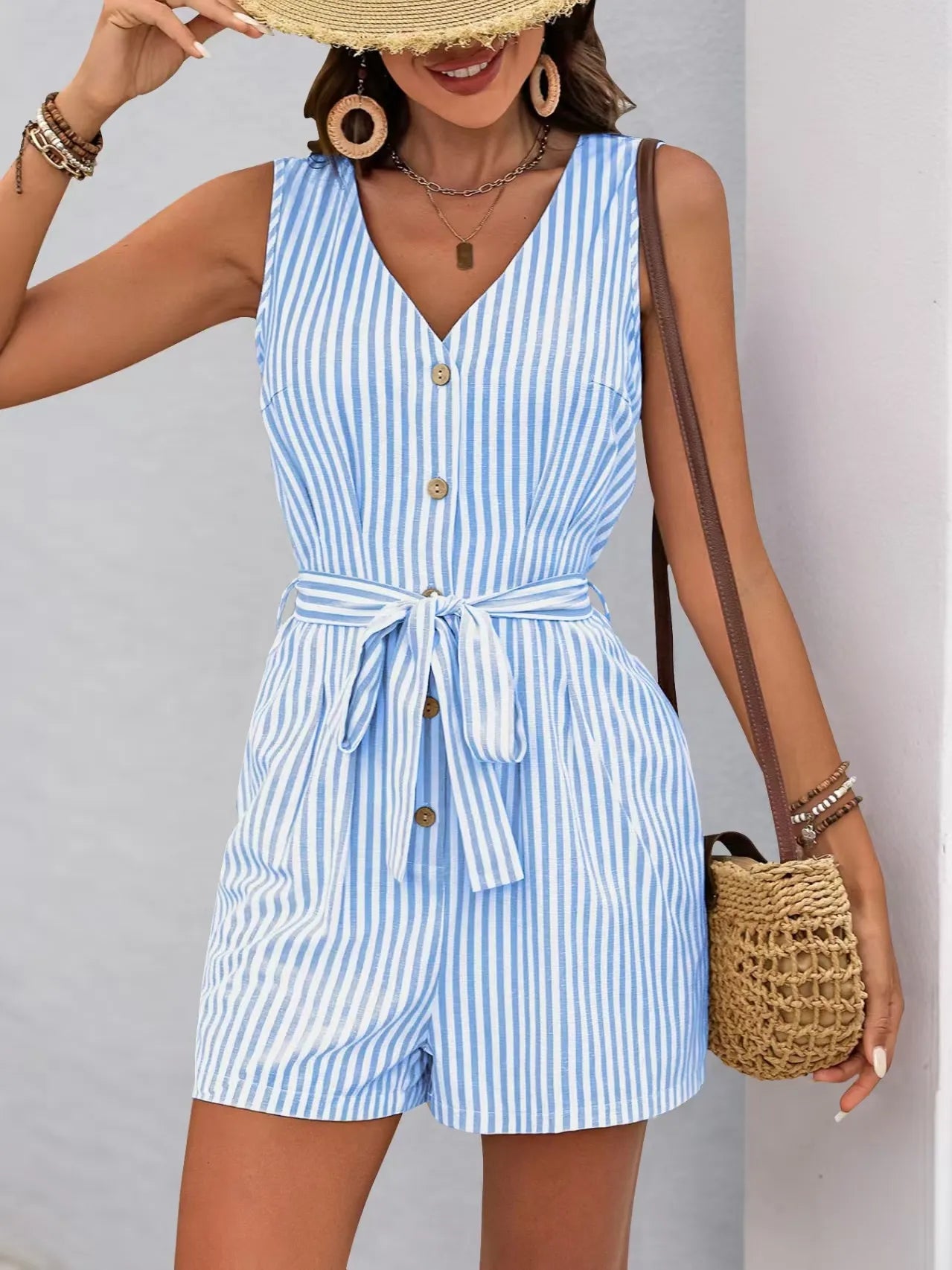 Striped V-neck Button Front Belted Romper-tidenox